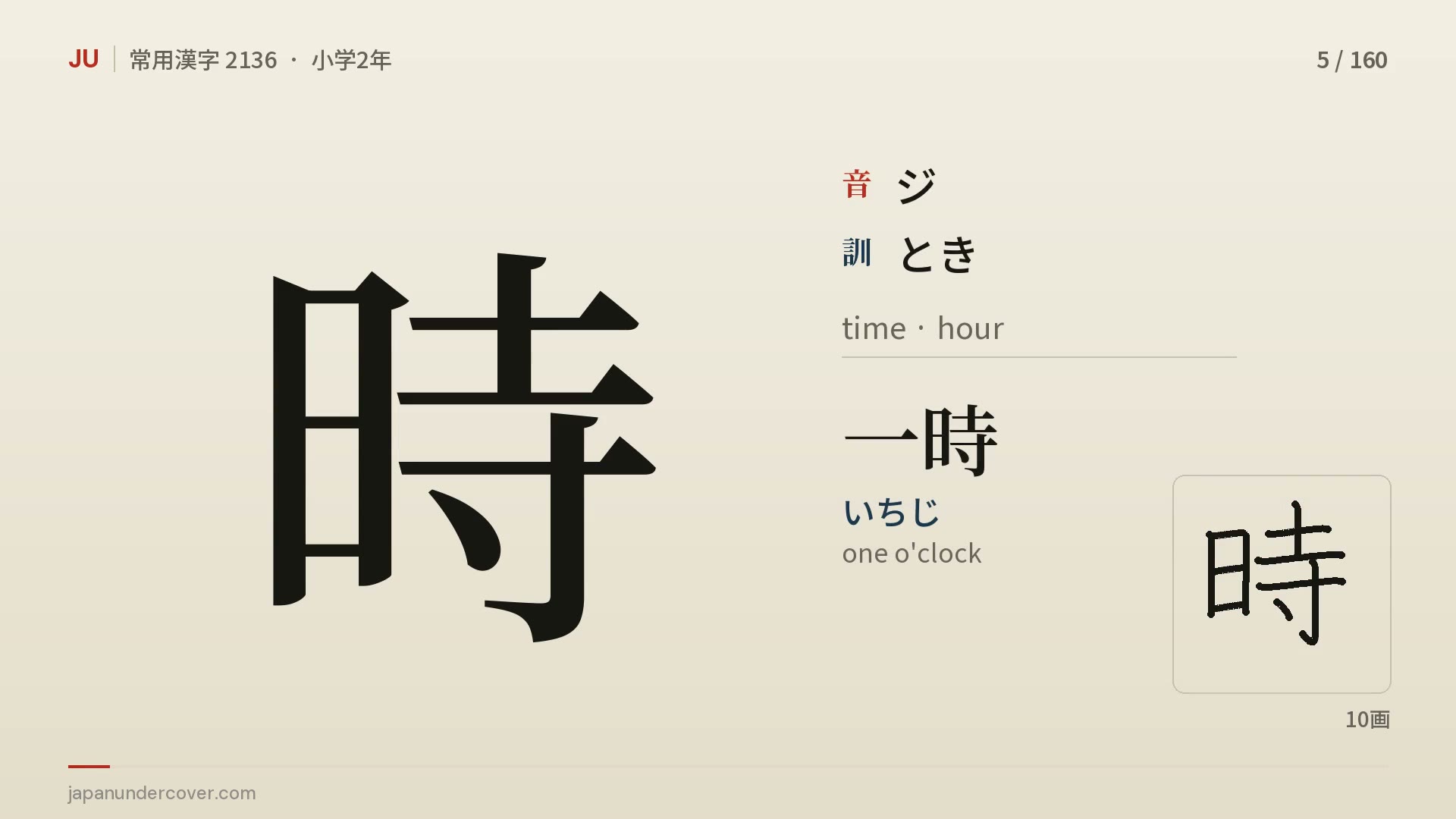The kanji 時 with its readings, an example word and its stroke order