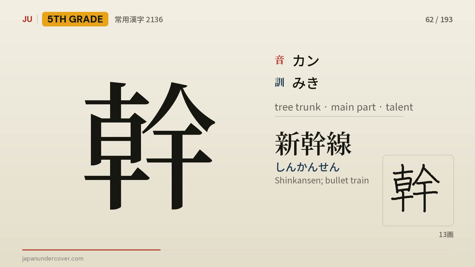 The kanji 幹 with its readings, the example word 新幹線 and its stroke order