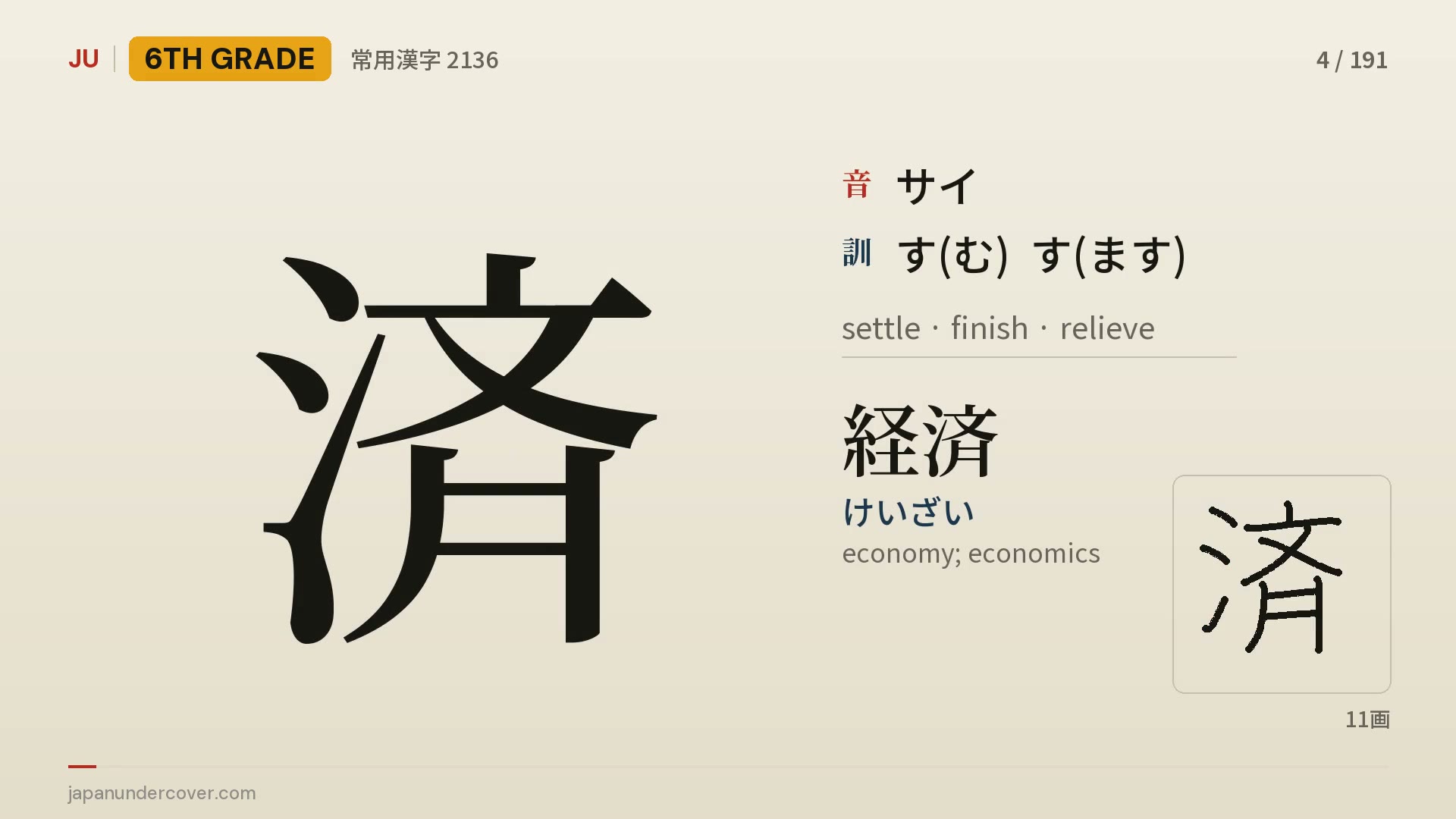 The kanji 済 with its readings, the example word 経済 and its stroke order