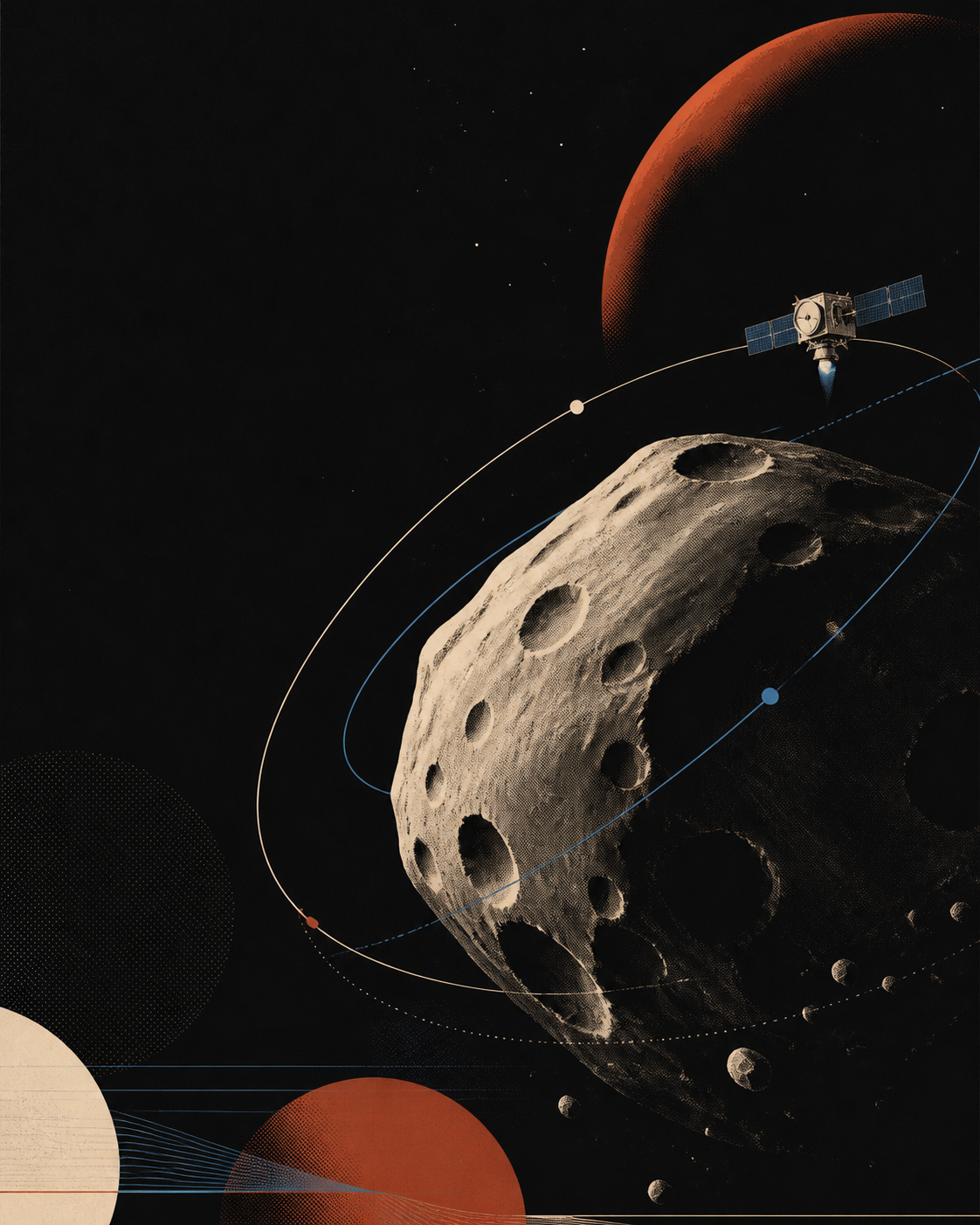 Editorial illustration of Phobos, Mars, and the MMX spacecraft